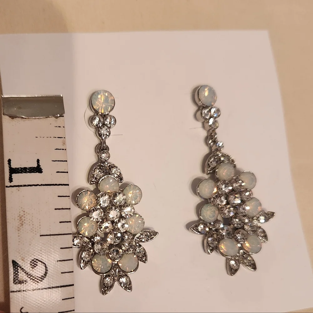 Belle Aire Earrings, Opal Crystal Rhinestone, Silver Tone, New, Wedding, Bridal